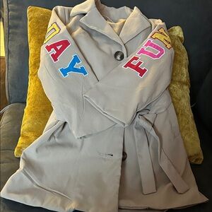 NWOT SHEIN Gray Kids Trench Coat with Colorful Lettering